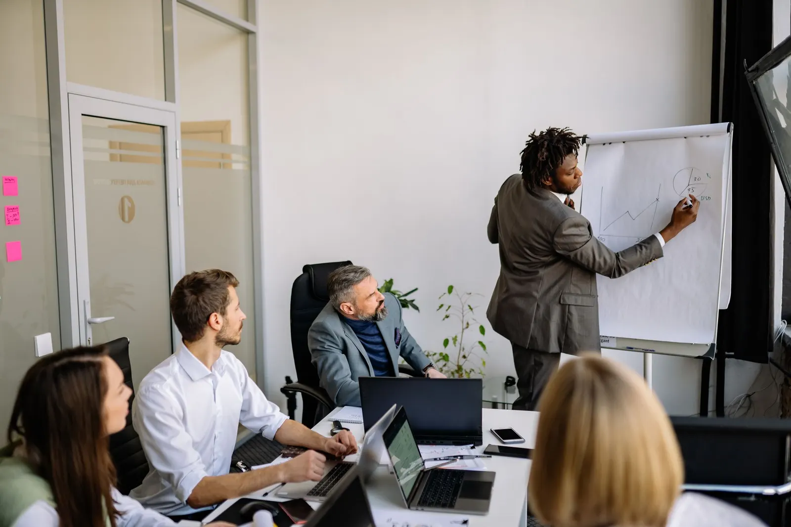 Presenter sketching a diagram on a flip chart while colleagues with laptops listen in a meeting room